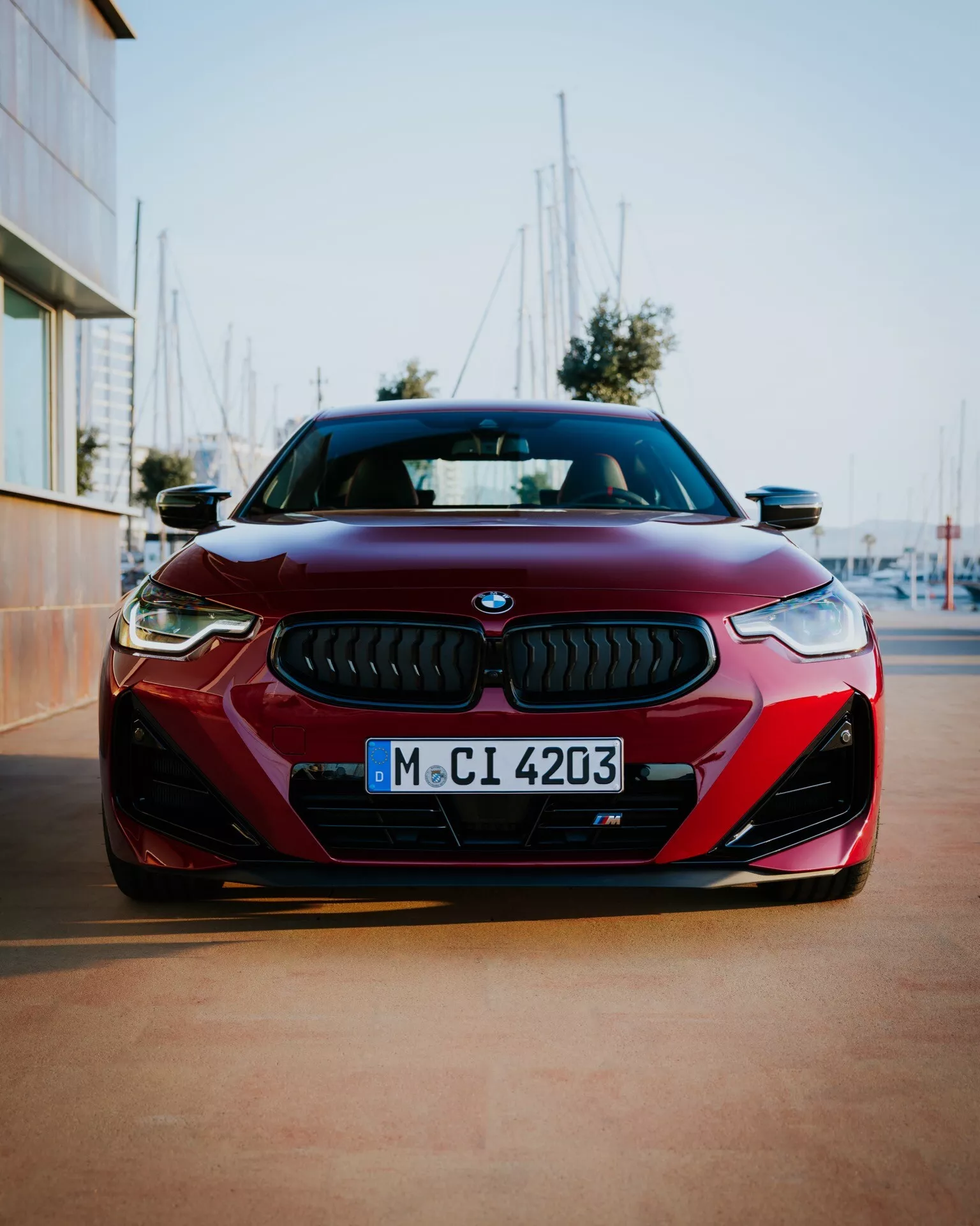Front view of a red 2024 BMW 2 Series (G42-G87 Facelift) captured from a low angle, prominently showcasing the symmetrical front fascia. The iconic BMW kidney grille with intricate black mesh design and blue-white emblem is flanked by sharp, angular LED headlights. The aerodynamic front bumper features large air intakes and black inserts, enhancing the sporty look. The blurred background with masts hints at a marina or dock setting.