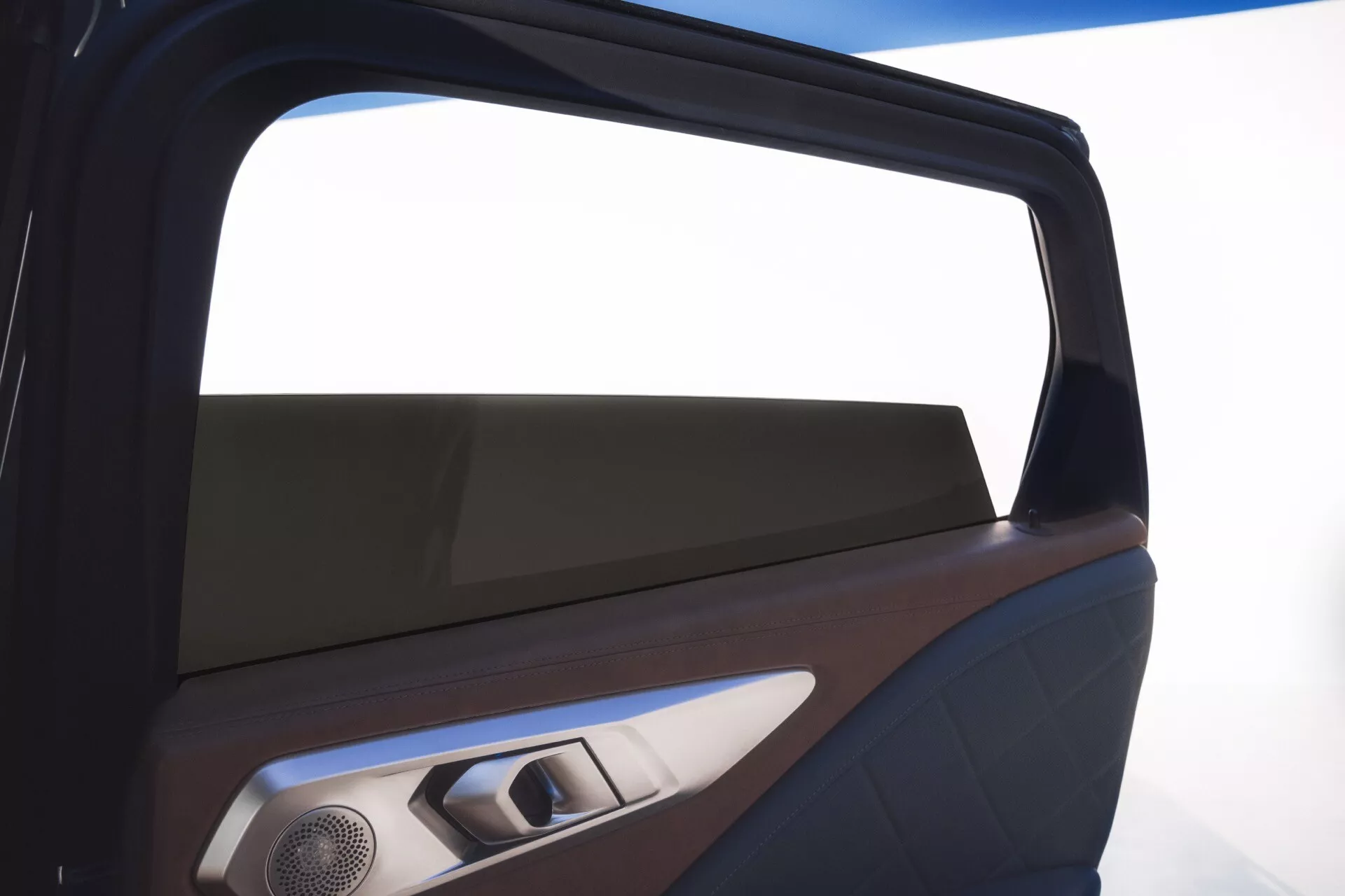 Close-up interior view of the 2023 BMW XM (G09) showcasing the premium window edge, two-tone door panel with possibly wood trim and leatherette, modern speaker grille, metallic door handle and controls, and ambient lighting, highlighting luxury and design details.