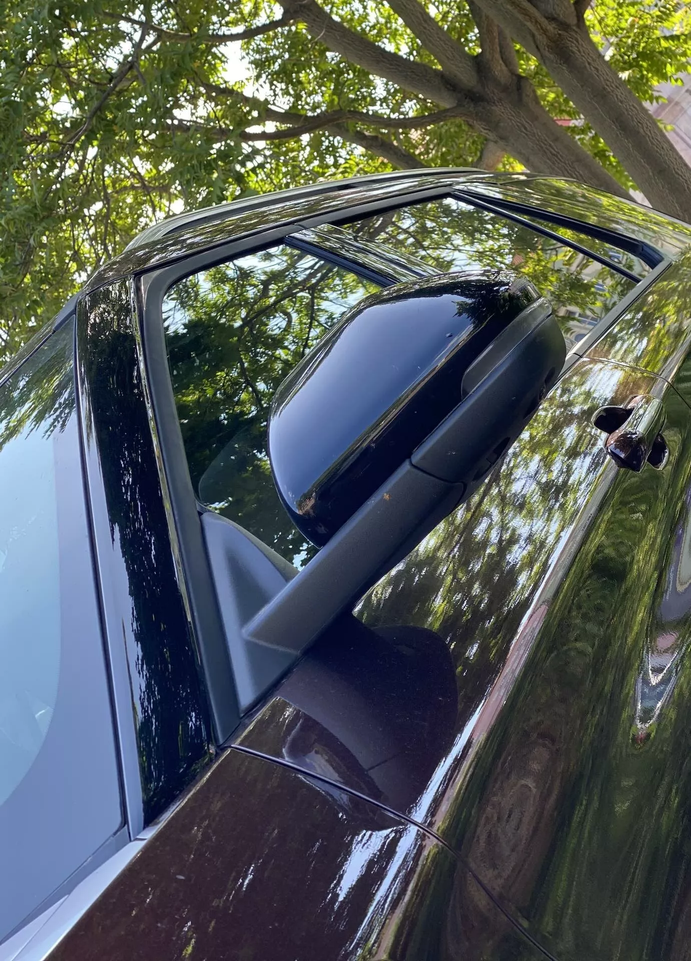 Close-up, angled view of the driver's side door and side mirror of a 2019 Ford Explorer. The image, taken slightly above the door handle level, reveals a glossy dark exterior, possibly black or deep blue, with reflections indicating a clean, well-maintained body. The color-coordinated, folded mirror suggests a higher-end model. Partially rolled down window and modern, possibly touch-sensor door handle are visible, hinting at keyless entry technology. Reflections of leaves and branches suggest outdoor parking.