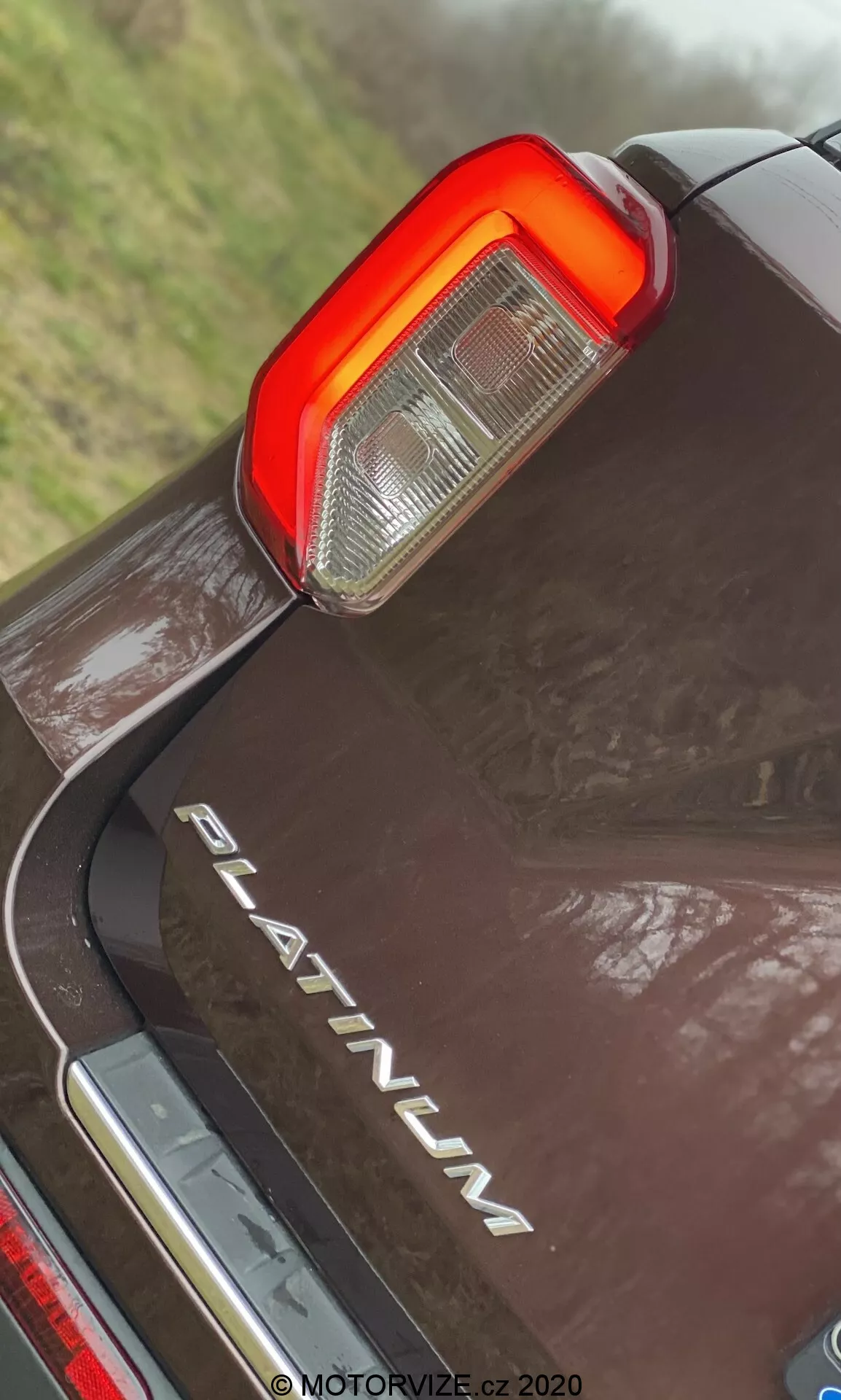 Close-up, low-angle shot of the rear section of a 2019 Ford Explorer PLATINUM trim, focusing on the vertical LED tail light with clear reverse and red brake light sections, chrome 'PLATINUM' badging, reflective dark paint finish with water droplets, and chrome trim below the rear bumper area.
