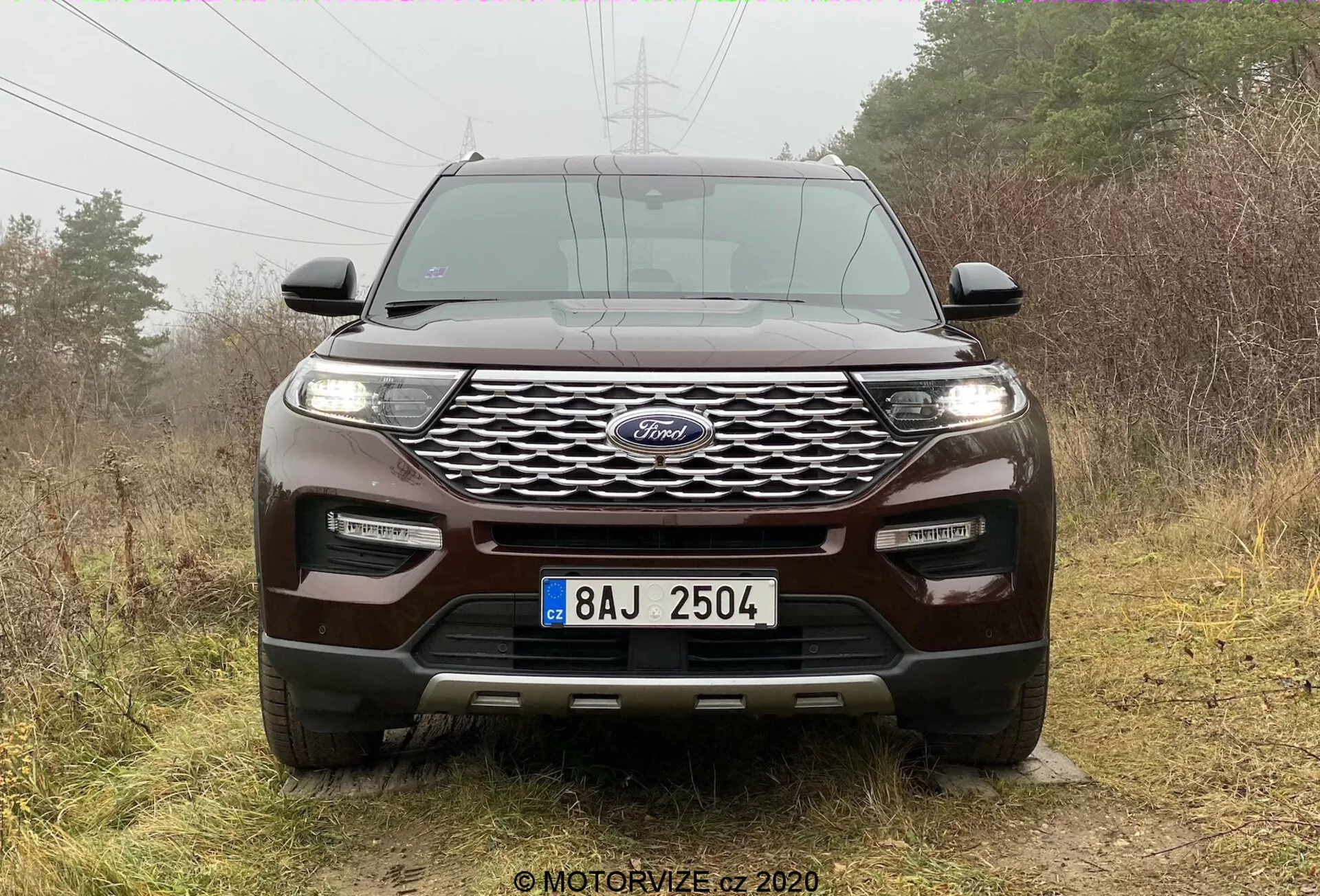 Front-on view of a 2019 Ford Explorer SUV displaying a prominent blue oval badge centered on the dynamic wavy mesh grille, flanked by sleek horizontally oriented headlamps likely featuring LED or HID lights. Integrated fog lights and parking sensors enhance the front bumper's technology and safety features. Sculpted hood with raised ridges emphasizes the sporty design, while the substantial ground clearance, skid plate, and tow hooks hint at off-road capabilities. The SUV is set against an outdoor, natural backdrop with diffused overcast lighting highlighting its design.