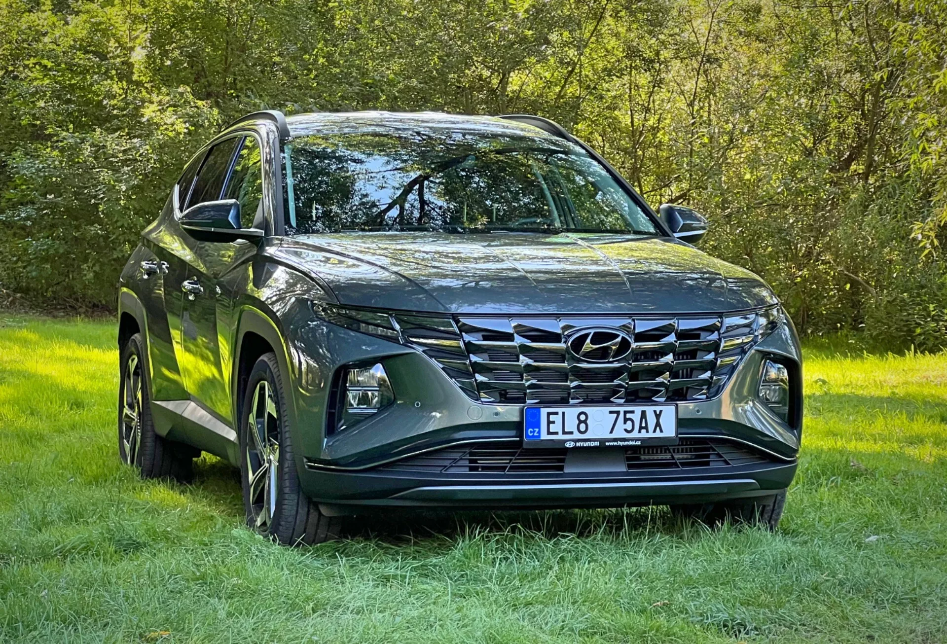 2020 Hyundai Tucson SUV in metallic finish, showcasing LED headlights, prominent front grille, sculpted hood design, alloy wheels, and side mirrors with integrated turn signals, parked on grass highlighting its off-road capability