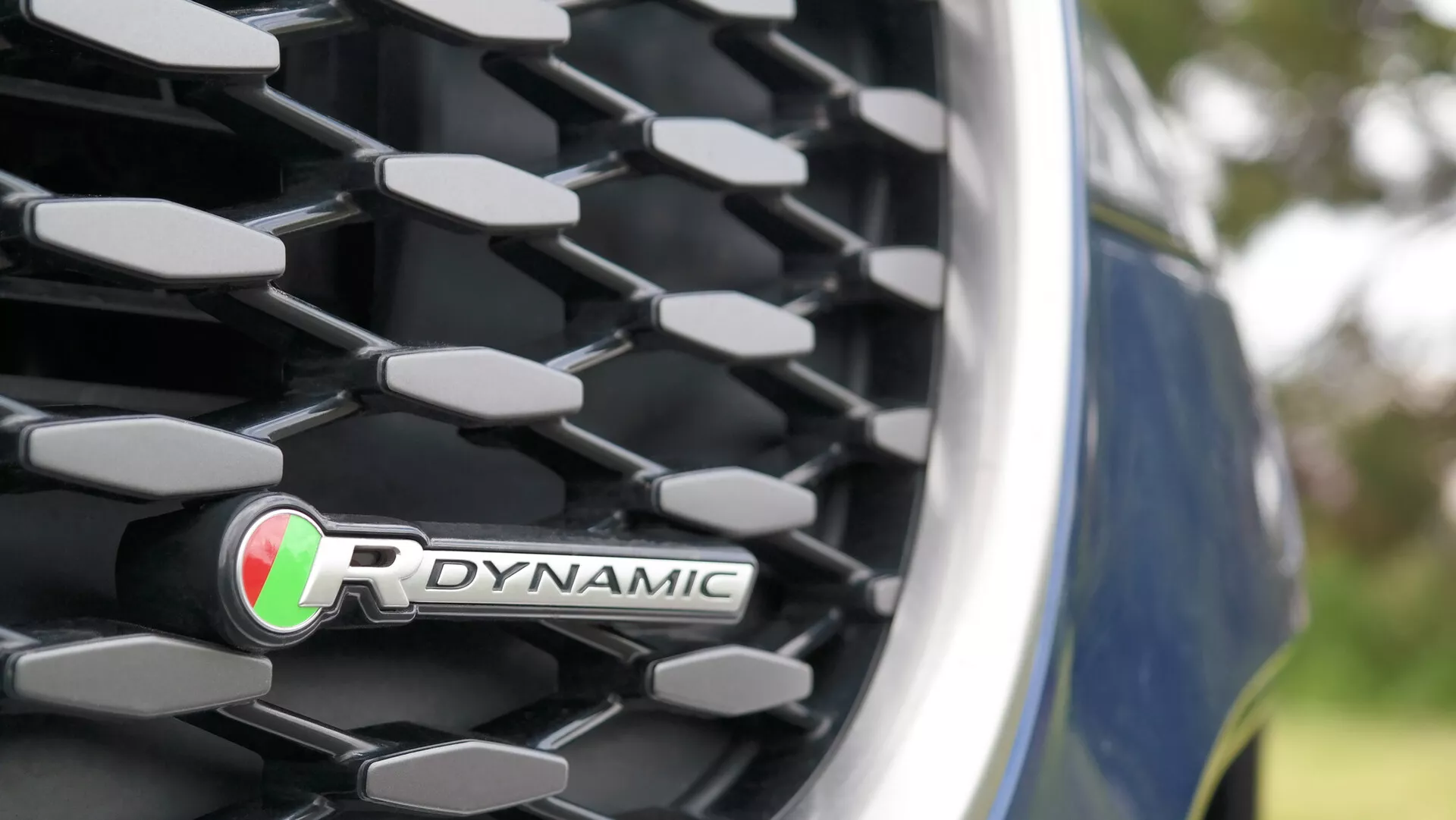 Close-up view of the 2021 Jaguar XF R-Dynamic front grille with diamond/honeycomb pattern, chrome trim, and prominent badge featuring green and red stripes. Glossy blue bodywork partially visible. Outdoor setting with blurred greenery in the background.