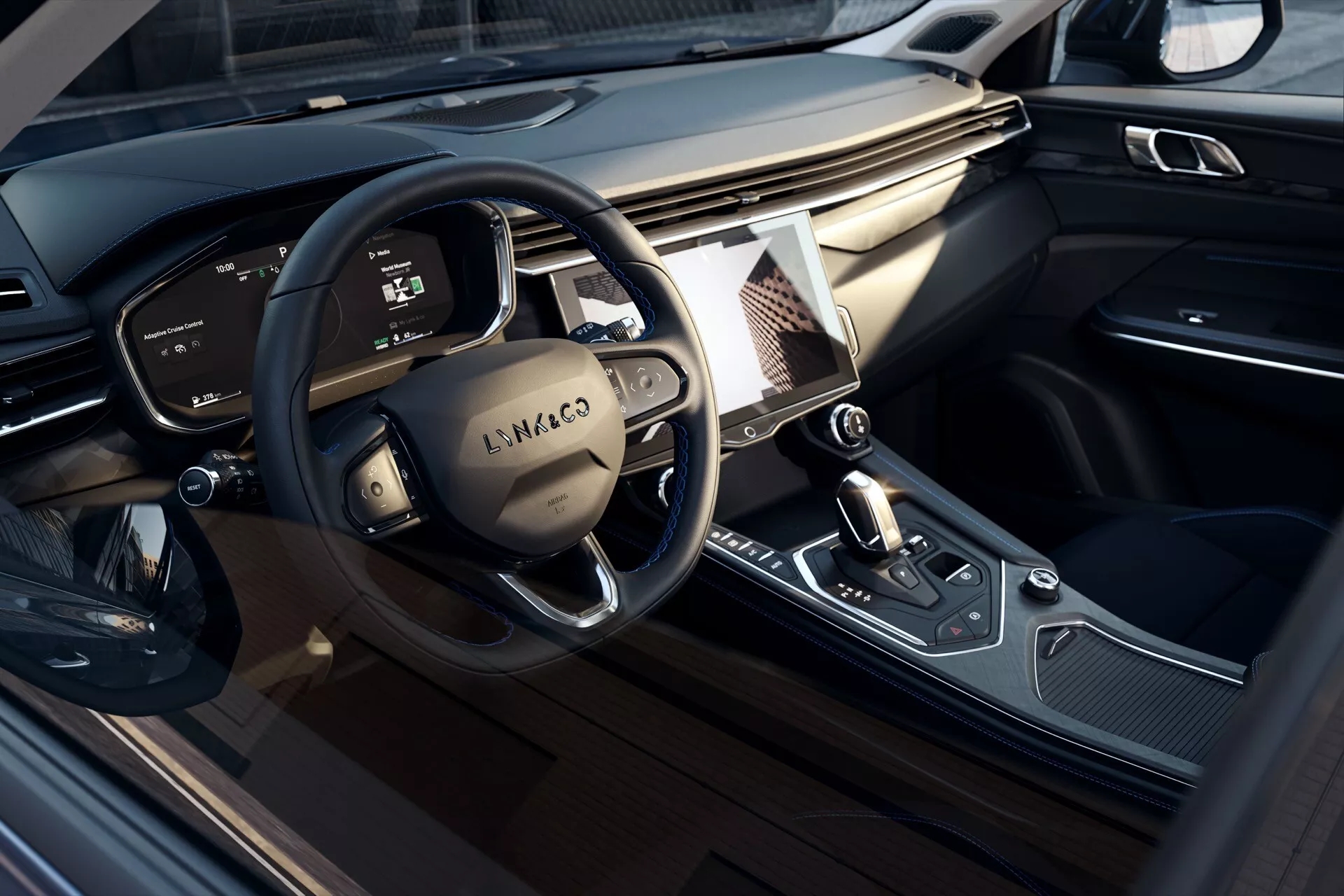 2021 Lynk & Co 01 (1st Generation) interior view, showcasing the driver's side, steering wheel with brand emblem, digital instrument cluster, luxurious door panel controls, central console with large touchscreen infotainment system, climate control buttons, and electronic gear shift area, hinting at a premium cabin build with leather, metal, and quality trim