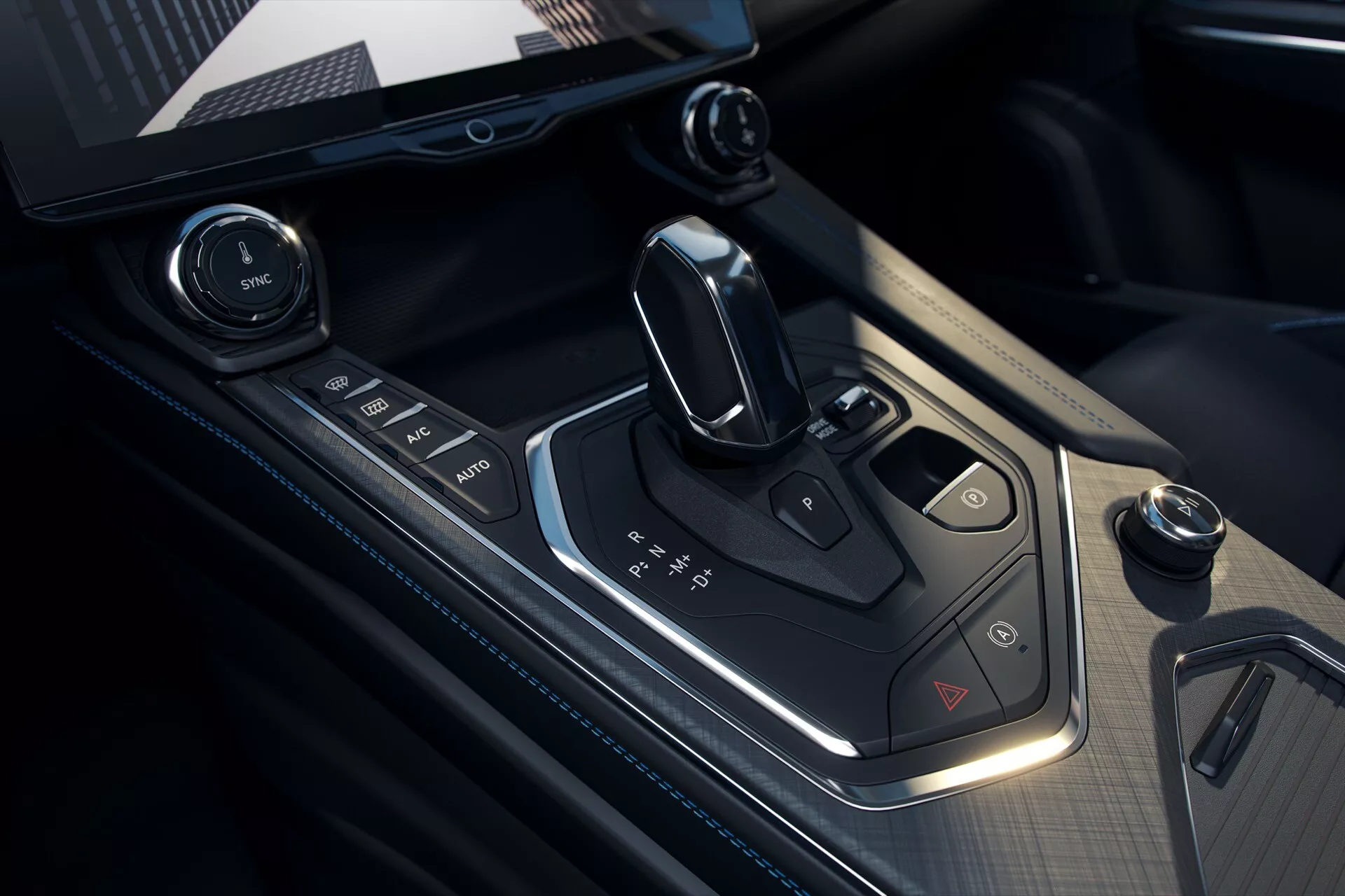 Detailed close-up of Lynk & Co 01 2021 center console showcasing gear selector, driving mode selector, infotainment and climate control buttons, electronic parking brake, and ambient lighting, highlighting modern and luxury car features.