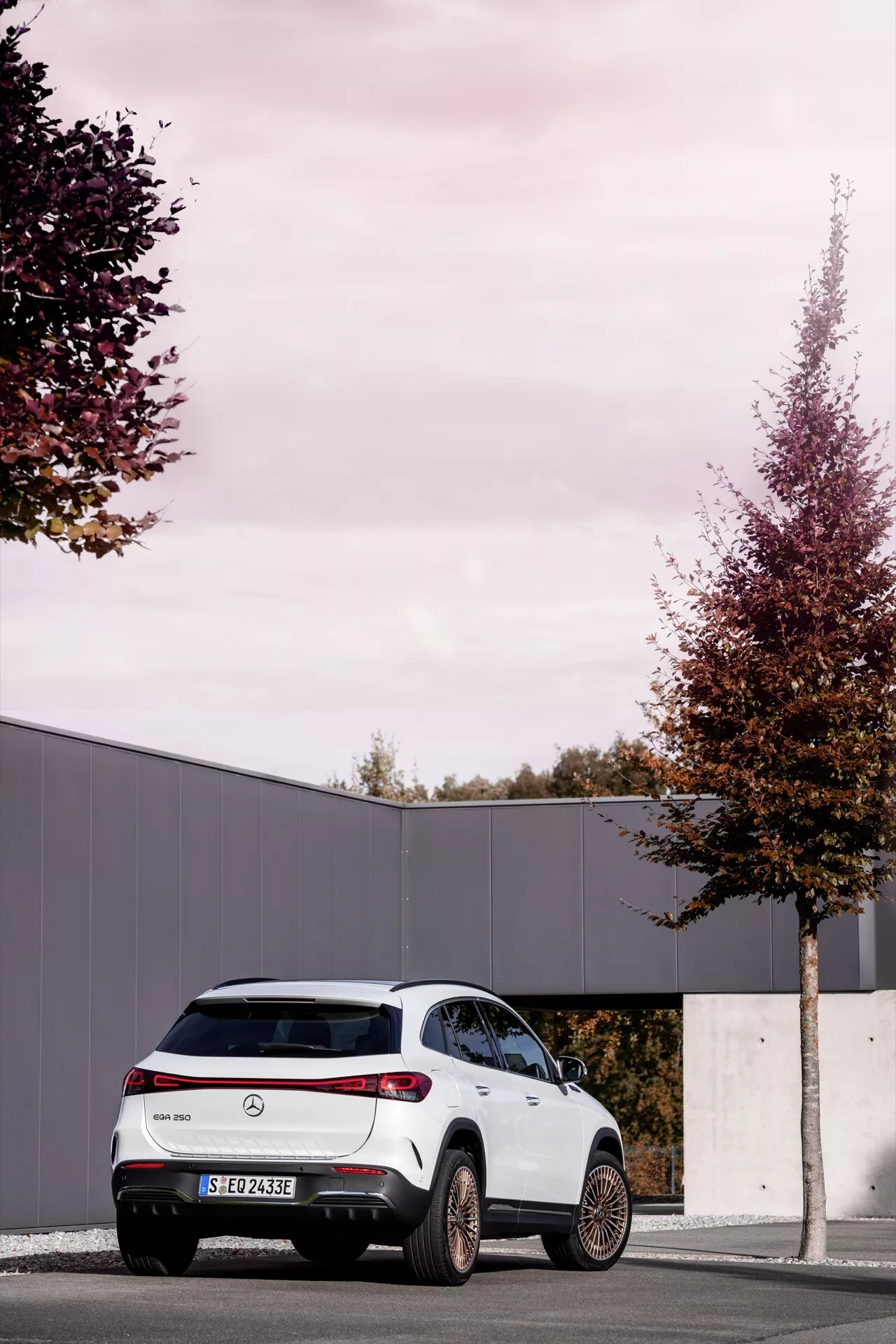 2021 Mercedes-Benz EQA in a modern SUV design, showcasing a three-quarter rear view parked outdoor with autumn trees, highlighting rear lights, dual exhaust tips, parking sensors, a sleek spoiler, and alloy wheels against a sky backdrop