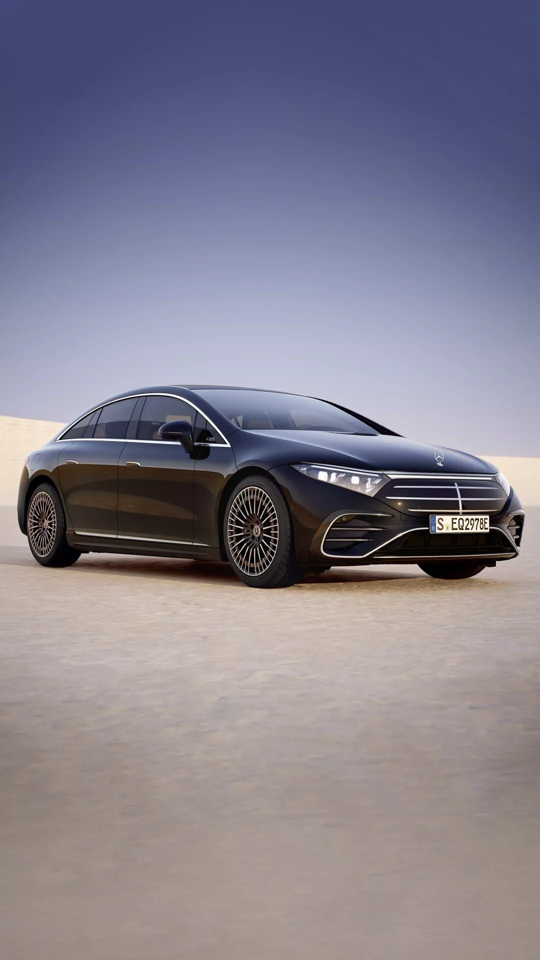 2024 Mercedes-Benz EQS Facelift side view showing modern sedan design with premium alloy wheels, sleek aerodynamics, and tinted windows against a graded studio backdrop