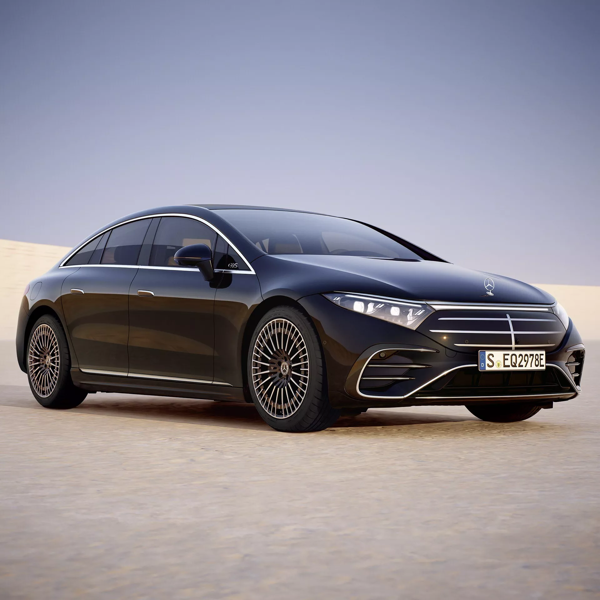 2024 Mercedes-Benz EQS 297 facelift side profile in desert, showcasing LED headlights, aerodynamic body with flush door handles, slim grille with emblem, sleek side mirrors, and large alloy wheels