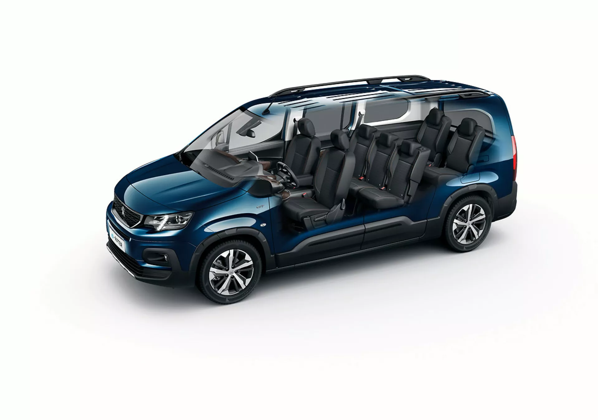 High-angle view of 2018 Peugeot Rifter minivan showcasing exterior and interior design, featuring glossy metallic blue paint, LED headlamps with daytime running lights, multi-spoke alloy wheels, and a seven-seater configuration with transparent roof visualization.