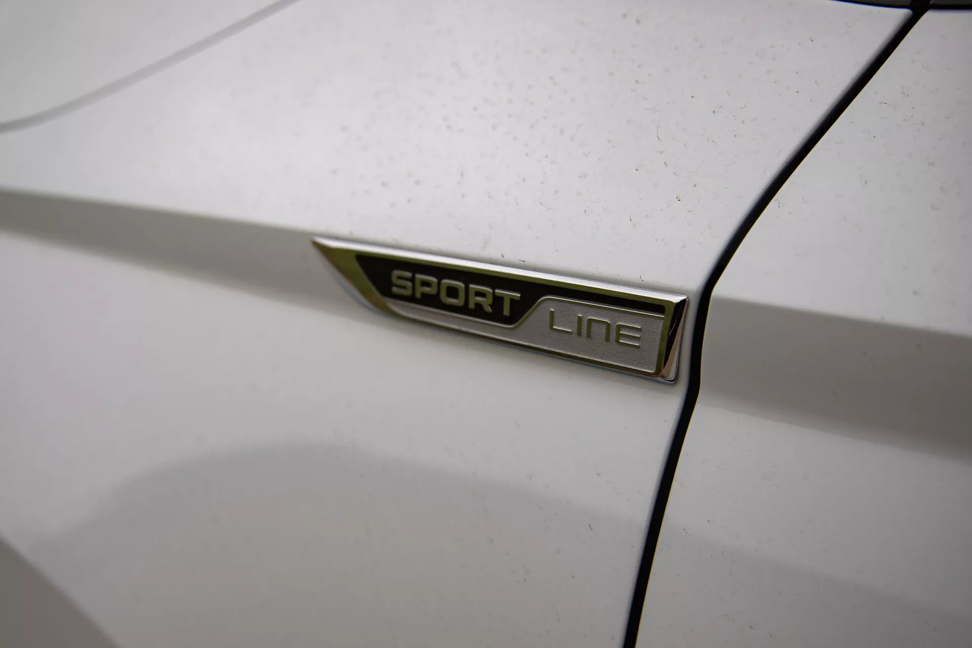 Close-up of Skoda Karoq 2021 SPORT LINE badge in bold sans-serif silver with green accent on the car's body, shown at an oblique angle with a shallow depth of field on a white, slightly dusty background, highlighting car model variant details.