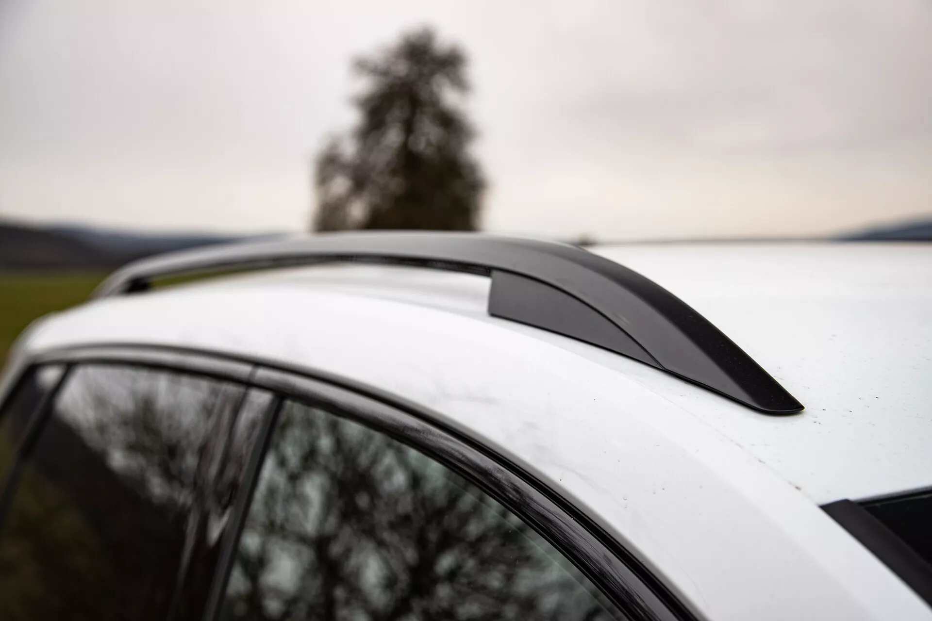 Close-up view of a Skoda Karoq 2021 showcasing the roof spoiler, white roof with a panoramic sunroof, and integrated roof rails against a backdrop of a tree and overcast skies, emphasizing the vehicle's aerodynamic design, luxury features, and utility capabilities.