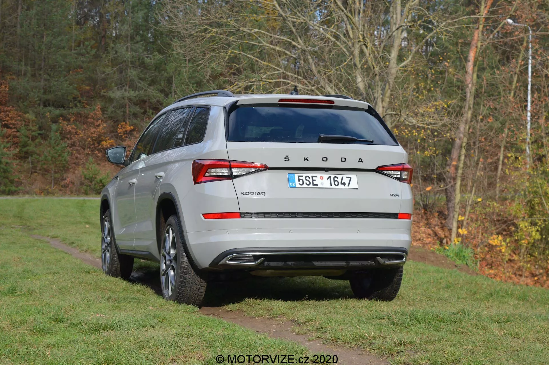 Rear three-quarter view of a silver 2017 Škoda Kodiaq SUV parked on a grassy area, with a backdrop of trees. The vehicle features a roof-mounted spoiler, shark-fin antenna, rear windshield wiper, and window defrosters. The tailgate displays prominent Škoda branding and the model name 'Kodiaq', with a European-style license plate. Wrap-around taillights suggest LED technology. The bumper includes parking sensors, reflectors, and a rear skid plate. Dual exhaust outlines are visible, and the side profile showcases alloy wheels and protective trim.