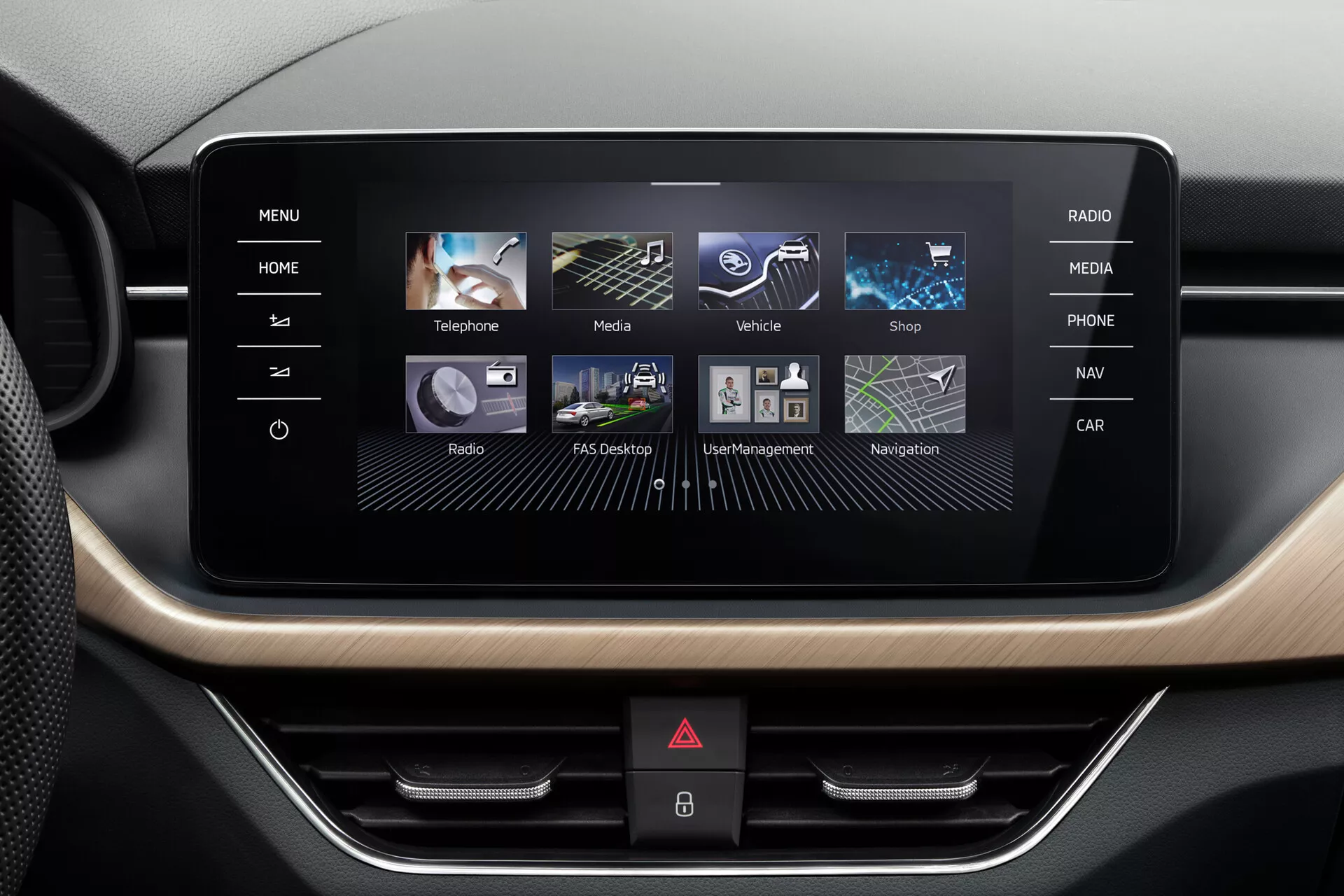2019 Skoda Scala infotainment system display, featuring touchscreen interface with Telephone, Radio, Media, Vehicle Settings, Navigation, and additional apps, surrounded by metallic and wood-grain finishes for a premium interior look