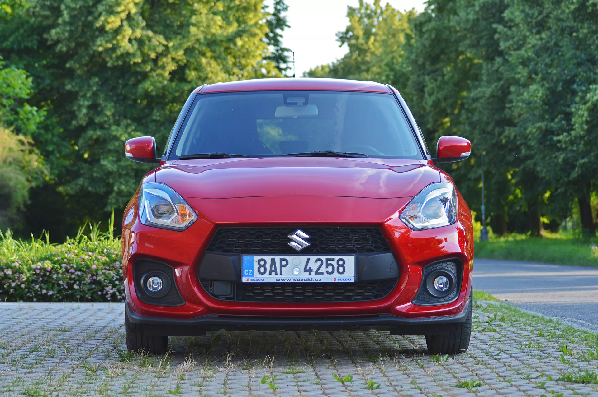 Front-angle view of a red 2017 Suzuki Swift Sport hatchback with prominent grille and swept-back headlights, featuring daytime natural lighting. The car's hood shows aerodynamic character lines, with sleek fog lights enhancing its width and sportiness. Details include a possible technology device on the windshield, multi-spoke alloy wheels, and a visible registration plate. The vehicle is parked in a suburban or park setting with trees and vegetation.