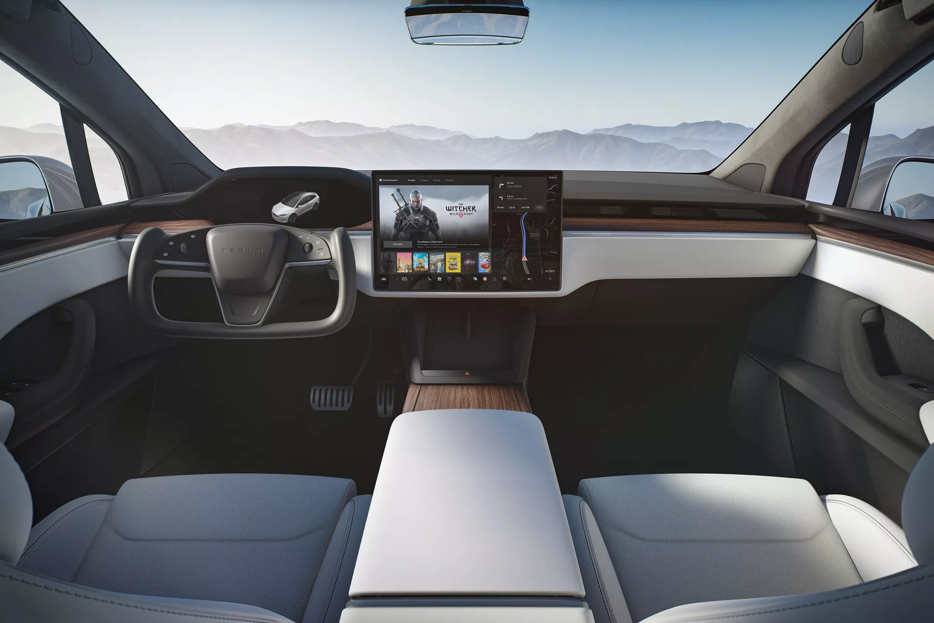 Interior of a modern Tesla Model-X 2021 facelift edition, captured from a central rear-facing angle, showcasing the entire front cabin. The panoramic shot highlights the dashboard's sleek, minimalist design with horizontal wood accents, a prominent rectangular infotainment touch screen, and a unique two-spoke steering wheel with integrated touch-sensitive areas. The front seats, finished in a light-colored leather, feature a contemporary design with smooth surfaces for luxury and comfort. The minimalistic center console and natural light indicating large windows add to the spacious and upscale feel.