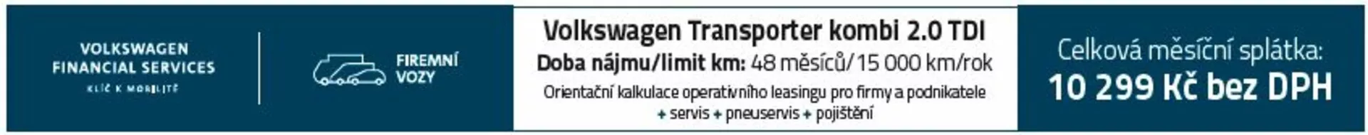 Volkswagen Transporter Kombi 2.0 TDI leasing advertisement banner displaying price 10,299 Kč without VAT and mileage terms of 48 km/month | 15,000 km/year